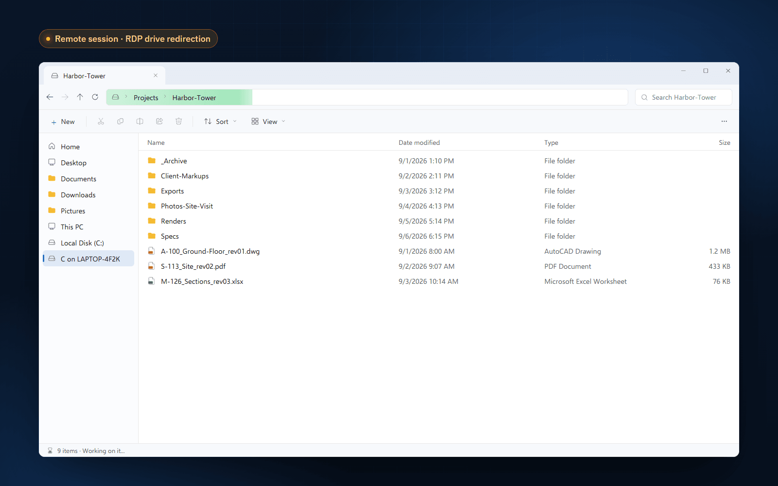 File Explorer in a remote session browsing a redirected drive named C on LAPTOP-4F2K. The address bar shows a green progress bar and only nine of 166 items are listed.
