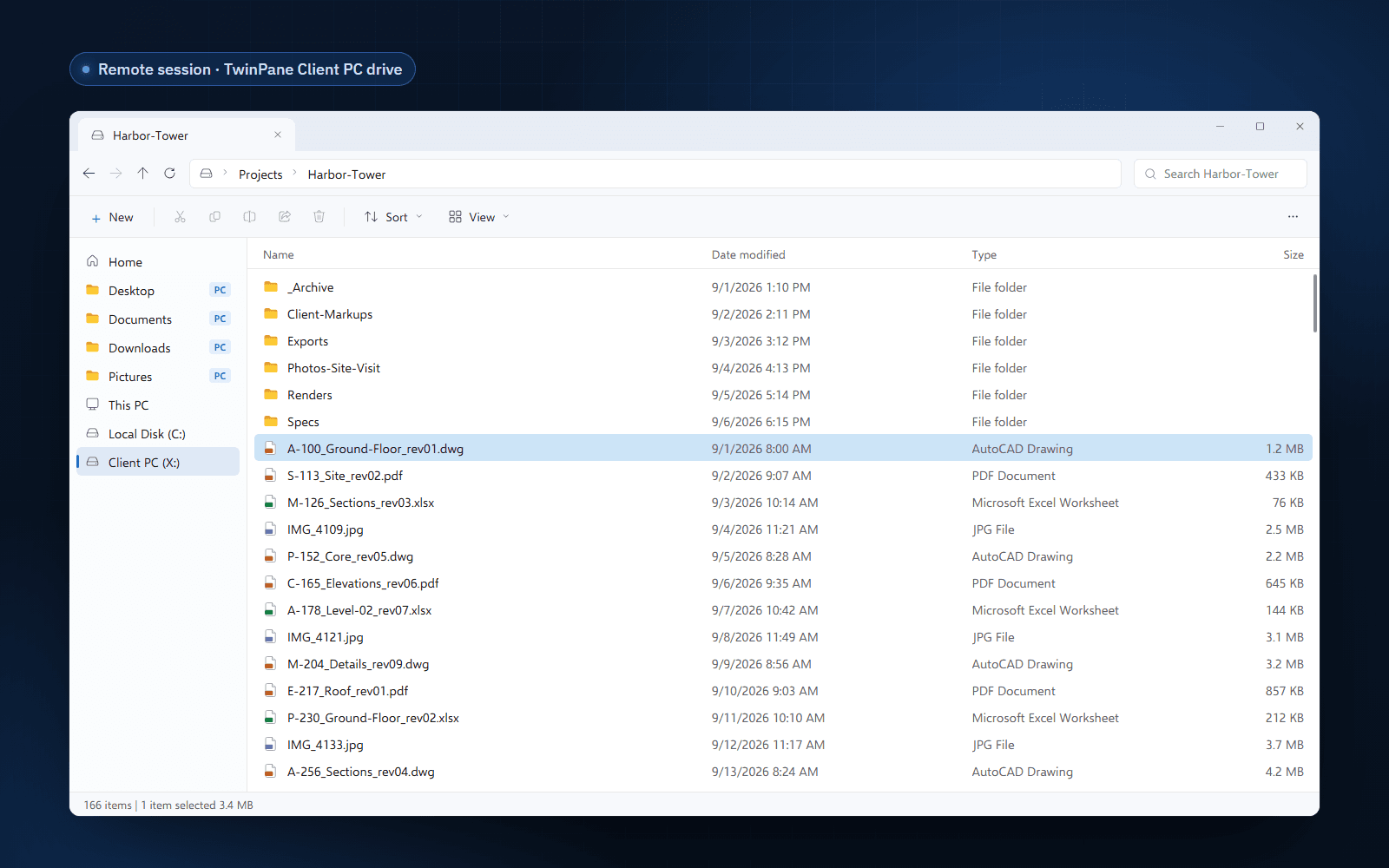 File Explorer in a remote session showing the Client PC (X:) drive with all 166 items of the Harbor-Tower folder listed. Desktop, Documents, Downloads and Pictures are marked as the PC's own folders.